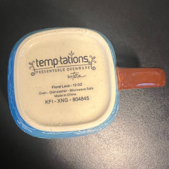 Set of 4 Temp-Tations by Tara ~ Aqua Square Mugs w/ White Floral Lace Pattern - Picture 11 of 12